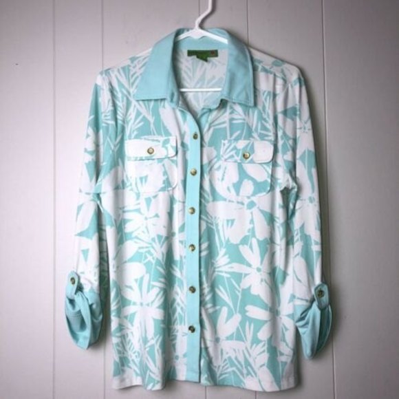 Island Republic Tops - Island Republic Women's Stretchy Button Down Blouse Turquoise White Size Medium